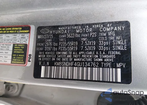 2016 Hyundai Santa Fe Se z USA, uszkodzony, nr VIN KM8SNDHF4GU134762